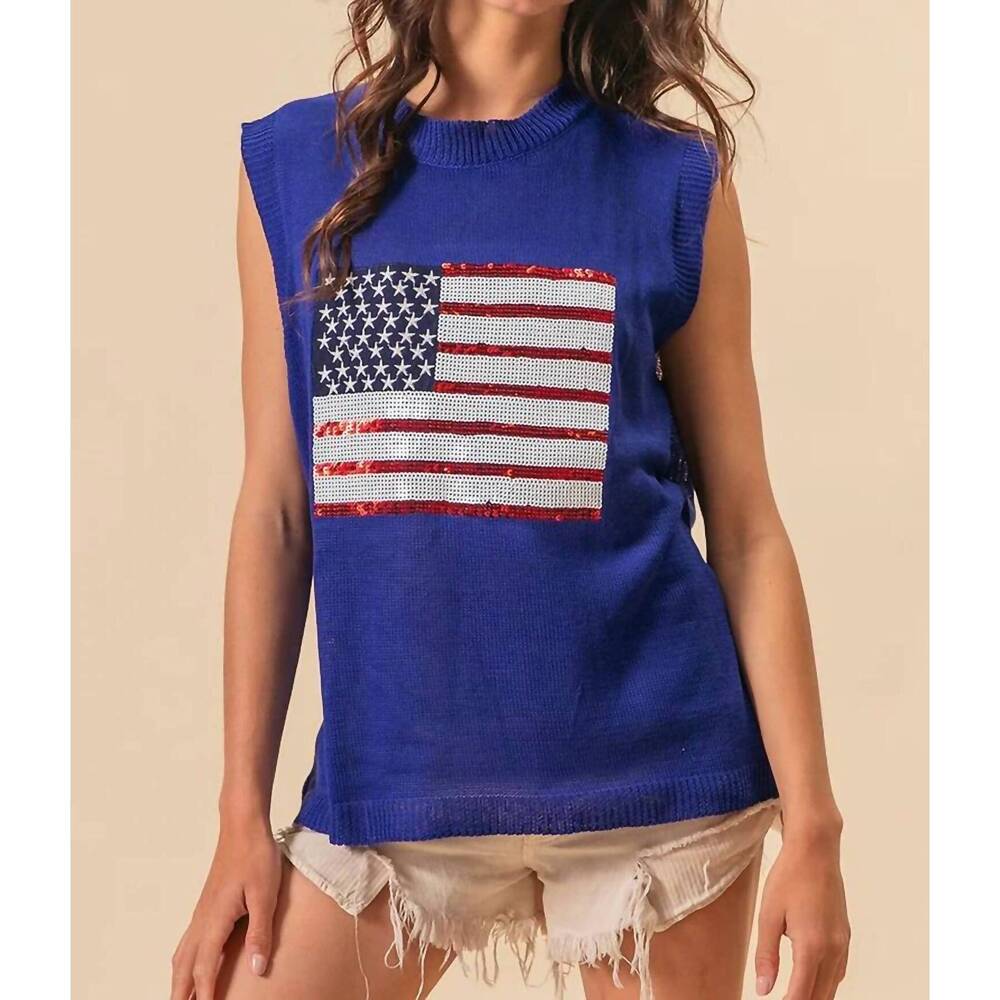 NEW BIBI usa flag sequin top in blue
